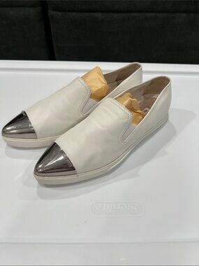 Miu Miu White Leather Slip-On Sneakers with Silver Cap